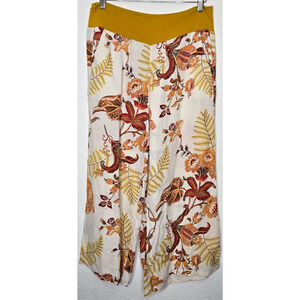Womens Wide Leg Pants Medium Ivory Yellow Floral Linen Pull On Cropped Boho